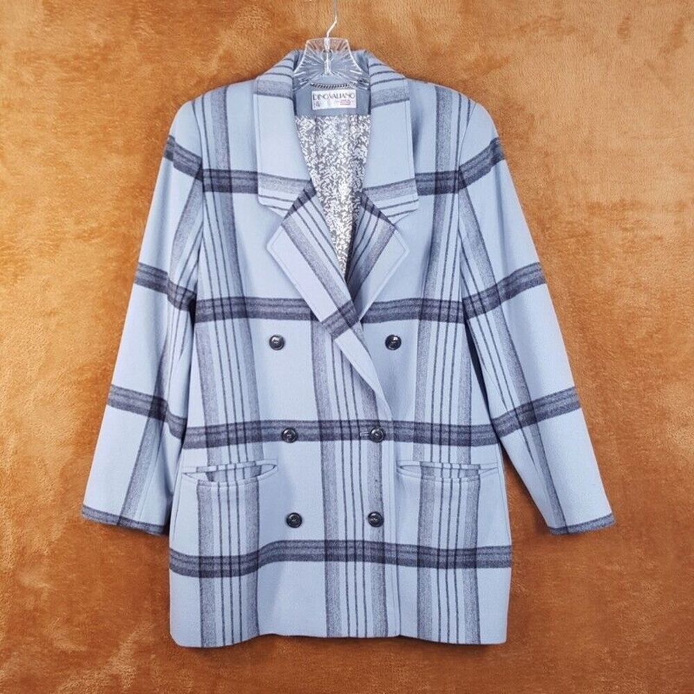 Vintage DINO VALIANO Womens Blazer Small Blue Check Mid Length Wool Longline